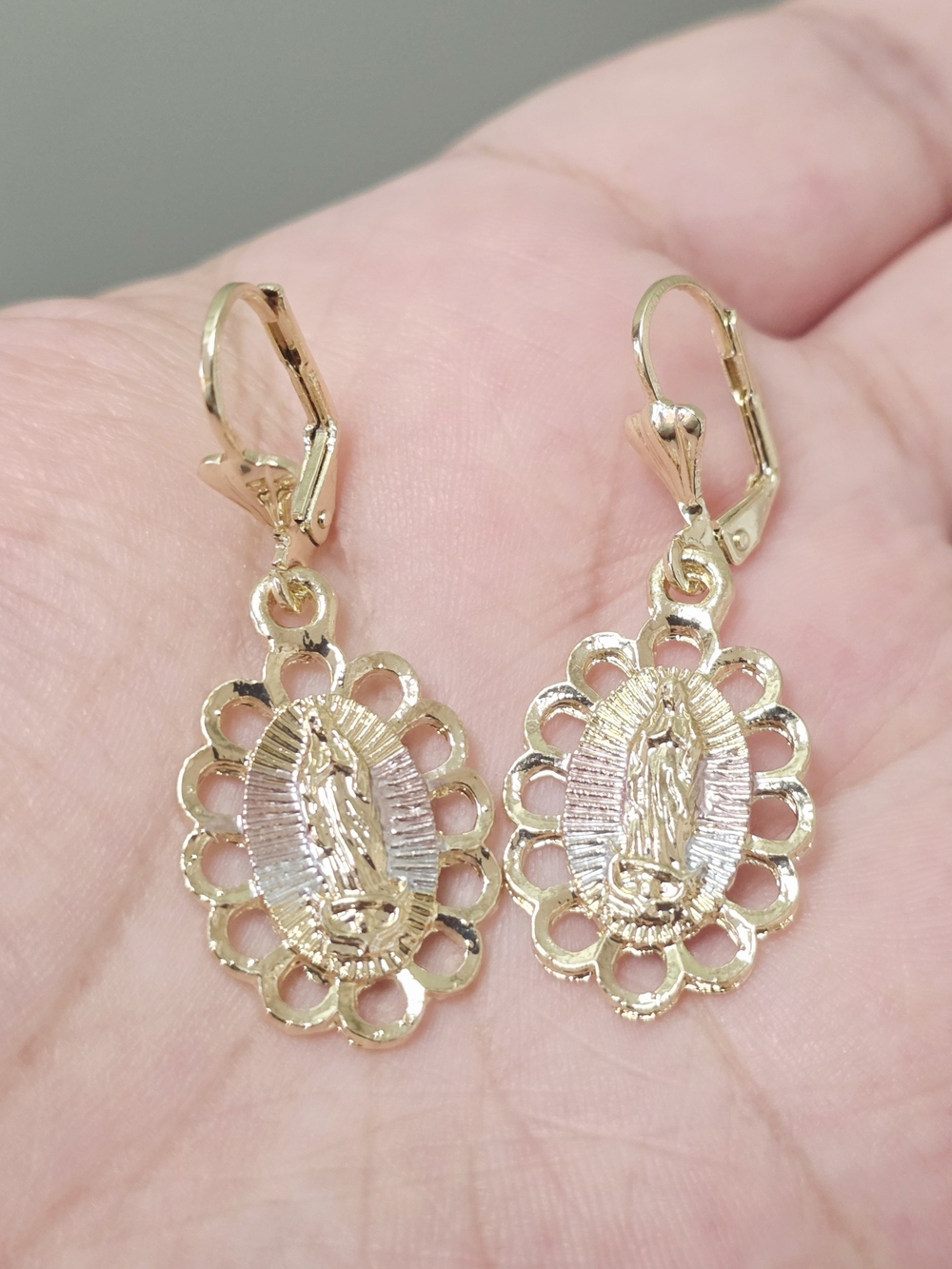 18k Gold Plate Virgin Mary Scalloped Dangle Earrings - Religious Women's Jewelry